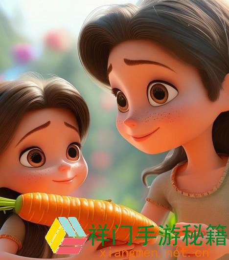 小孩子与妈妈一同探究黄萝卜的养分与甘旨：亲子互动和健康饮食的故事