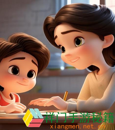 孙尚香站在板凳上耐性教导刘禅写作业的温馨韶光